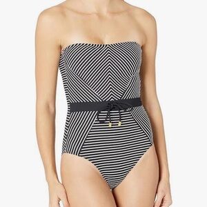 La Blanca Black White Striped Bandeau One Piece Swimsuit 16W - Removable Straps
